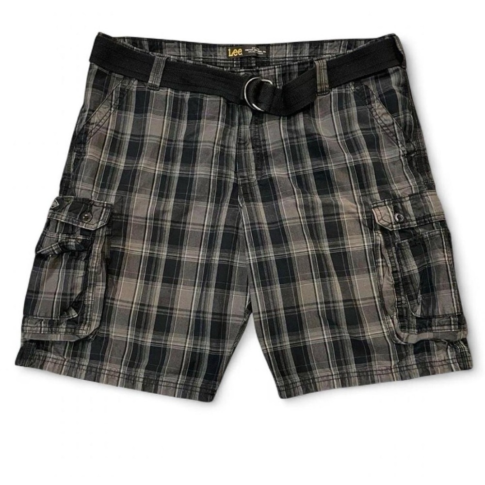 Lee‎ Men's Plaid Cargo Shorts with Belt, Size 40, Gray/Black Regular Fit